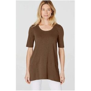 Women's J. Jill Pima Dipped Hem Tunic Top Brown Cotton Blend Short Sleeve Size M